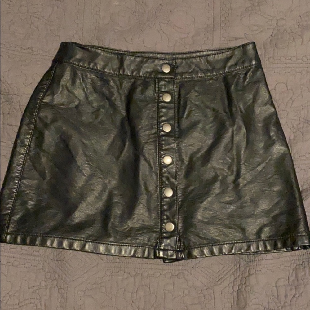 Faux Leather Black Mini Skirt Button Up